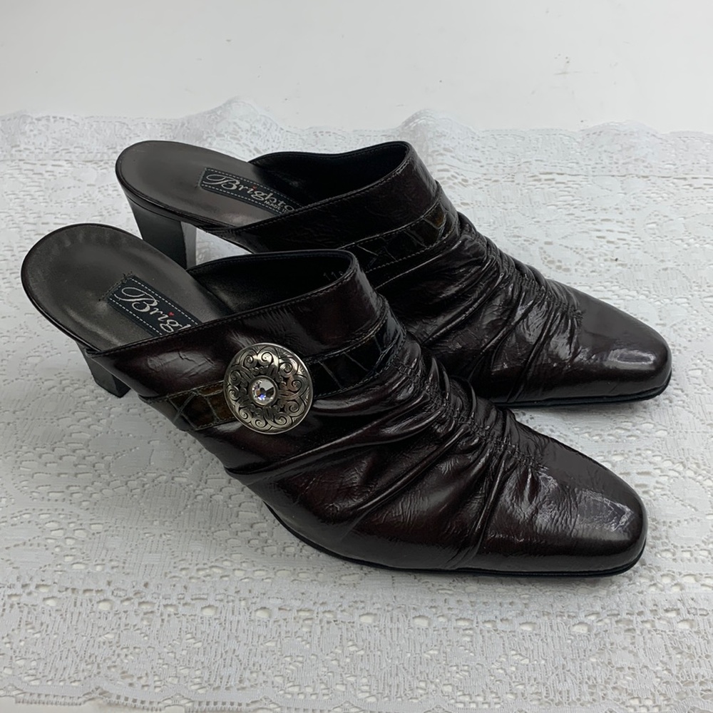 Brighton Heeled Sandals Mules Shoes Size 7.5 Brown leather Slip on Silver Logo